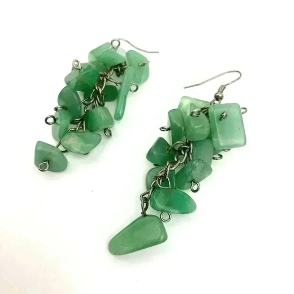 Natural Green Quartz Cluster Earrings Silver Tone Metal Hook Style Jewelry Boho - Picture 9 of 9